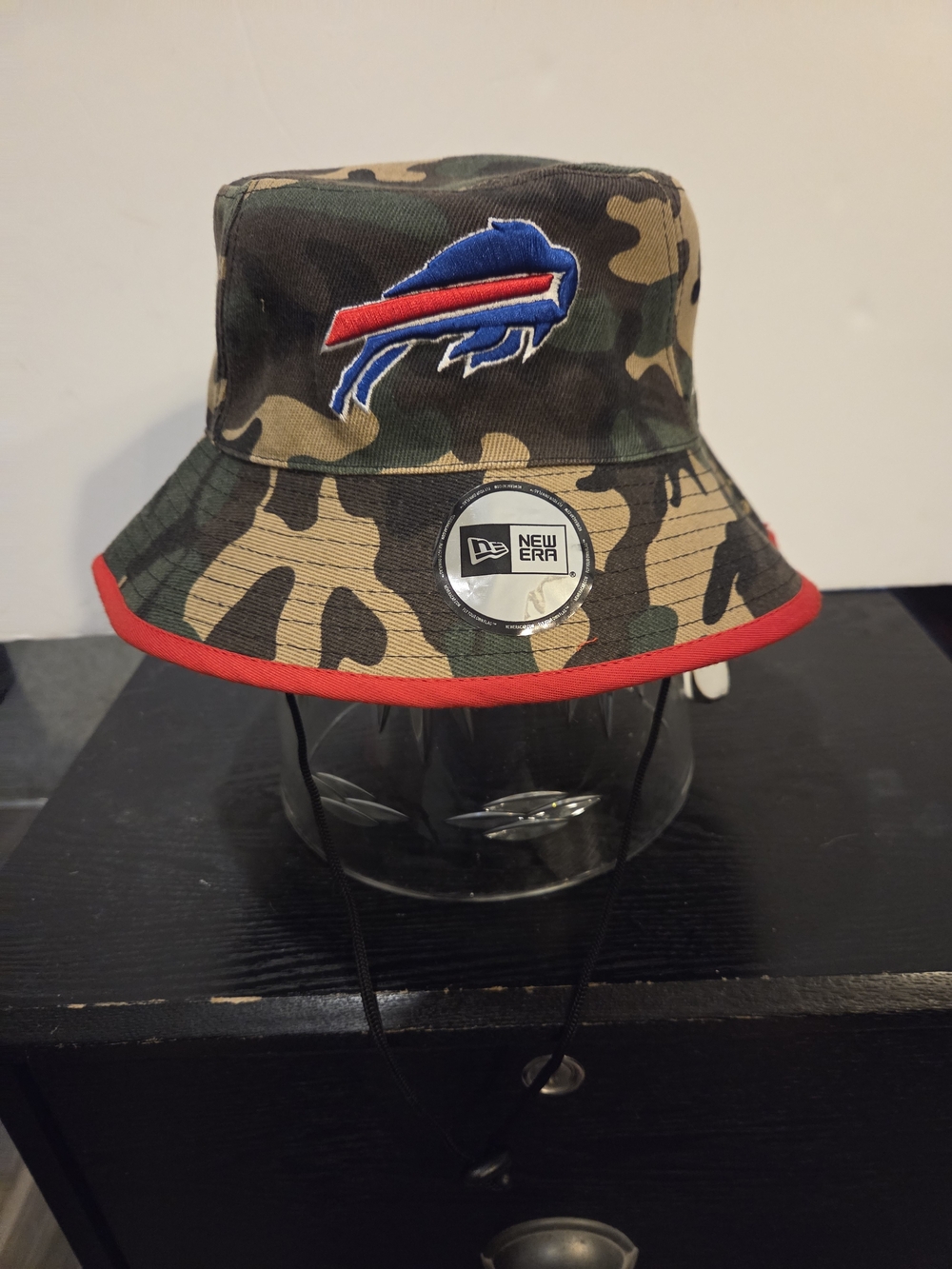 New Era Buffalo Bills Camo Bucket Hat with Red Trim and Blue Logo